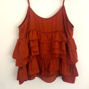 Burnt Orange Silky Ruffle Layered Spaghetti Strap